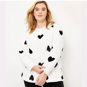 LOFT White Crewneck Faux Fur Sweatshirt with Black Hearts - Size Small
